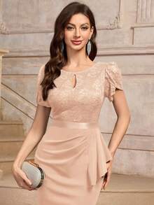 MIUSOL Keyhole Neckline Floral Lace Puff Sleeve Ruffle Trim Cocktail Party Bodycon Dress - Champagne - View 9