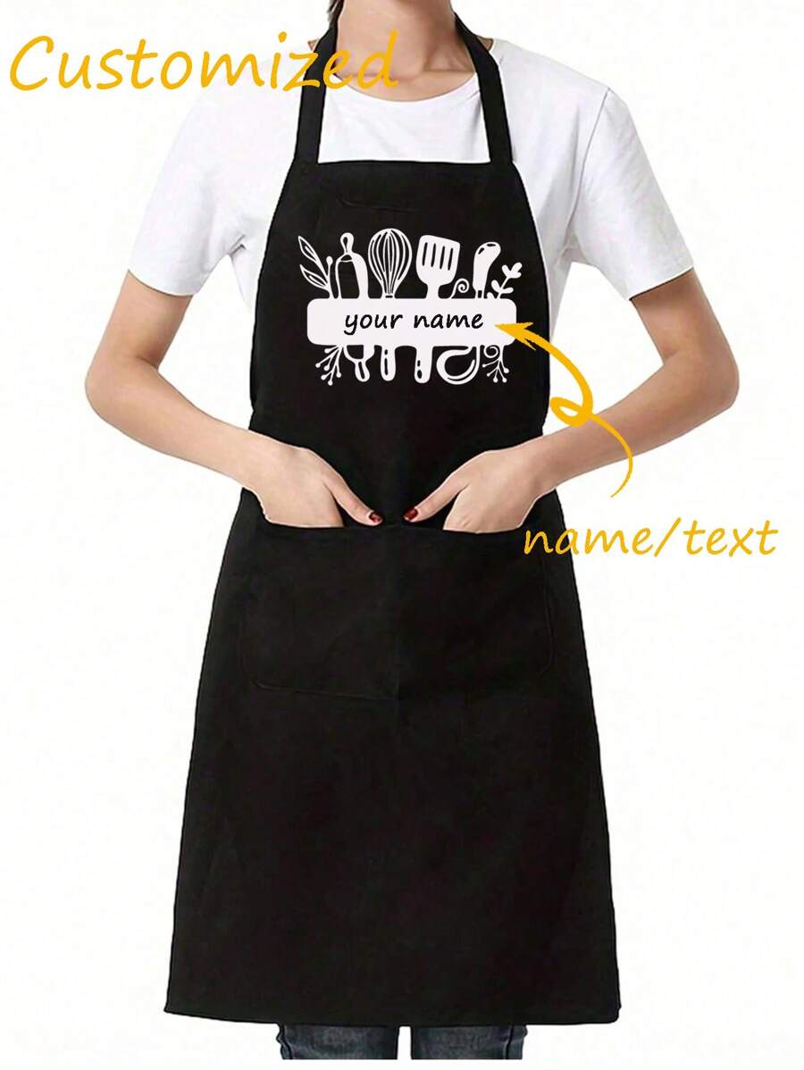 1pc Custom Apron With Text, Customized Waterproof And Oil-Proof Apron, Polyester Apron For Women,Simple Style Black Apron With Pockets,Customize Logo, Text, Chef Cook Apron, Ideal Gift For Valentine's Day, Father's Day, Mother's Day Birthdays, Anniversaries, Unique Gift For Women, Chef, Mom, Dad, Husband, Girlfriend, Boyfriend, Weddings Gift For Him, Gift For Her, Fashion Housework Kitchen Household Workwear, Kitchen Supplies,Home Harmony