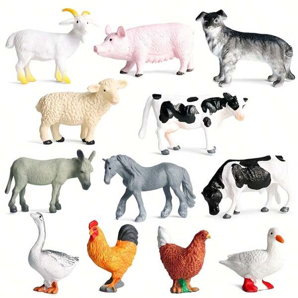 12PCS Miniature Farm Animal Simulation Models, Including Mini Chickens, Ducks, Geese, Horses And Cows, Suitable For Children's Holiday Gifts For Science And Cognitive Development