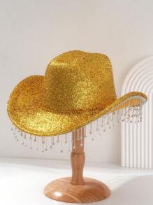 1pc Unisex Rhinestone Tassel Fringed Shiny Cowboy Hat, Creative Punk Style Wide Brim Hat, Suitable As Bridesmaid/Bride Hat, Great For Parties, Western Themed Events, Gatherings, Engagement Parties, Cosplay, Graduations, Masquerade Balls, Festivals, Weddings, Birthdays, Music Festivals, Coming Of Age Ceremonies