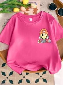 Camiseta de manga corta con cuello redondo y estampado gráfico y de eslogan para niñas, camiseta casual para primavera/verano - Rosa Fucsia - Ver 2