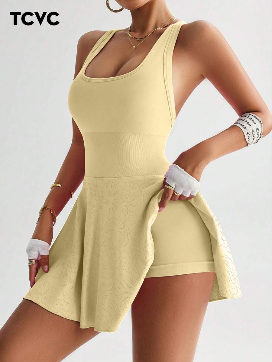 TCVC Women Seamless Knit Sports Dress, Criss-Cross Racerback, Sleeveless Square Neck Tennis Dress, Indoor And Outdoor Sports Yoga, Skin-Friendly Fabric, Bodycon Shaping - 黃色 - 查看 1
