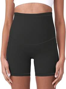 1pc Maternity Workout Shorts, High Waist Elastic Adjustable Abdomen, Lifting Yoga Pants, Casual Soft Comfortable Outer Wear With Pockets