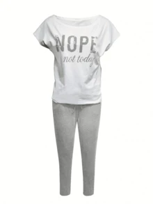 2pcs Casual Letter Print Short Sleeve T-Shirt And Long Pants Set Summer - Light Grey - View 3