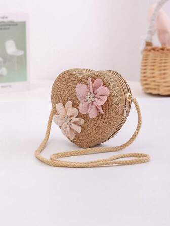 1 pezzo Nuova borsa di paglia intrecciata alla moda, borsa con design a forma di cuore e fiori, decorata con fiori di pizzo, stami di strass, disponibile in più colori