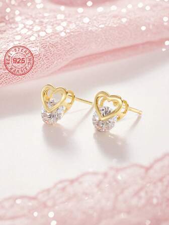 Artepollo 1 件 925 纯银低过敏心形耳钉，镶嵌璀璨锆石，小巧精致，适合送给女孩、朋友、返校礼物