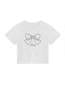 日式风格女式短袖圆领休闲蝴蝶结印花修身 T 恤，春夏 - 白色 - 查看 4