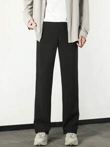 Men's Flared Slim Straight Fit Solid Color Trousers - Black - View 7