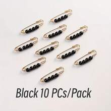[2025 Summer]10pcs Pearl Pins Brooch - Gold Tone With Black White Beads, Adjustable Clothing Clips For Summer Dresses, DIY Crafts & Fashion Accessories,Bridal Emergency Kit Essential,Beach Festival Ready