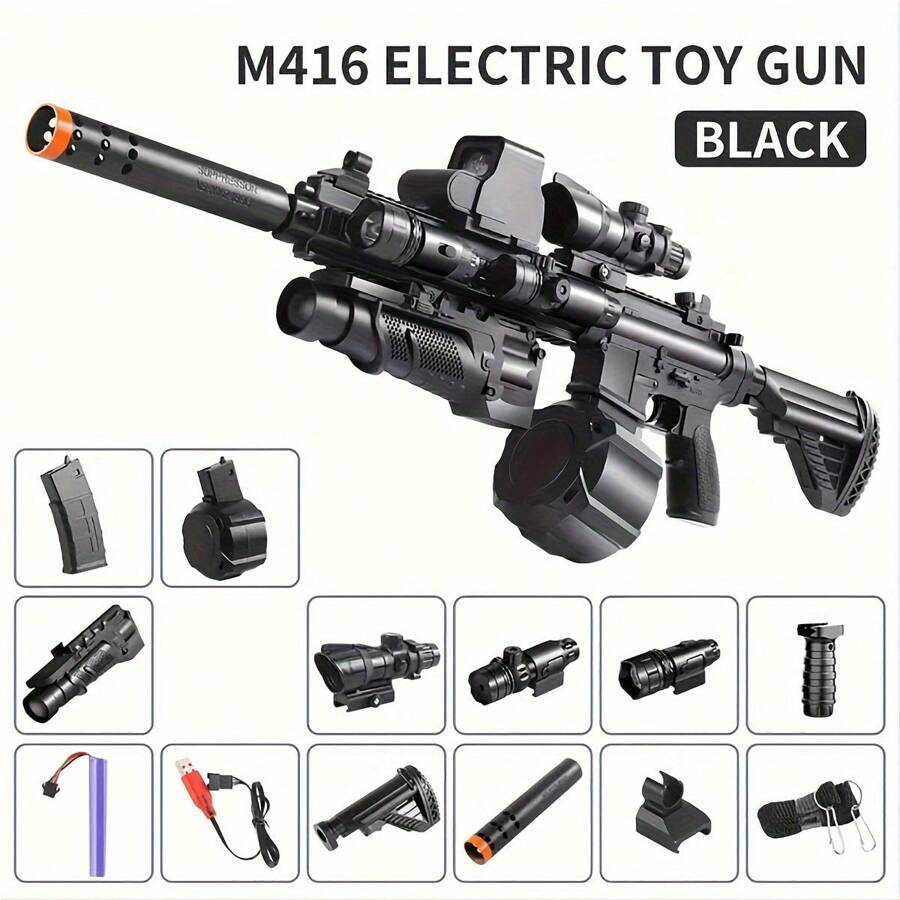 Large Gel Splatter Blaster For With Goggles Suitable For Backyard Fun And Outdoor Team Shooting Games, Over 18+, HK416 Full Configuration(Without Bullet) - 黑色 - 查看 1
