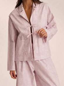 Conjunto de pijama de talla grande para mujer con camisa de manga larga con botones y atar y pantalón largo color lila - Lila Púrpura - Ver 5