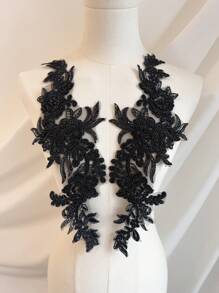 3D Black Mesh Flower Patch, Paired With Black Sequins And Beads - Sewn - Charming DIY Decoration (1 Pair) - Black - View 8