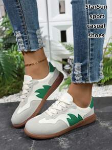 Women Casual Suede Leather Multi-Functional Lace-Up Round Toe Rubber Sole Sneakers, Retro Color-Block, Comfortable Flat Everyday Wear - Green - View 7