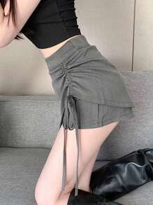 Rok Mini A-Line Berpinggang Tinggi dengan Tali Serut dan Kain Jas yang Menjuntai untuk Musim Semi - Grey - View 5
