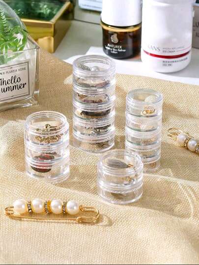 Caixa redonda empilhável para joias, 2 peças, caixa de plástico para armazenamento de cosméticos para brincos, anéis, miçangas, botões, pílulas, volta às aulas