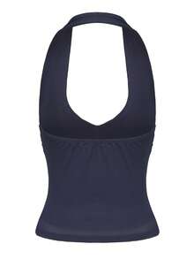 Summer Sexy Solid Color Low Neck Side Slit Backless Halter Top - Royal Blue - View 4