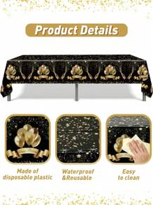 1pc 130*220cm Black Gold Balloons Style Birthday Disposable Tablecloth, Happy Birthday Party Decorative Plastic Table Cover Table Runner, Birthday Party Dining Room Kitchen Table Decor, Home Decor, Birthday Party Decorations Supplies, Birthday Decor, Happy Birthday Waterproof Black Gold PE Table Cloth Table Cover Table Runner, Party Favors, Birthday Party Table Decorations Table Ornaments