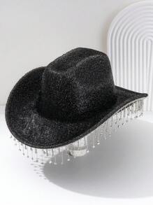 1pc Unisex Rhinestone Tassel Fringed Shiny Cowboy Hat, Creative Punk Style Wide Brim Hat, Suitable As Bridesmaid/Bride Hat, Great For Parties, Western Themed Events, Gatherings, Engagement Parties, Cosplay, Graduations, Masquerade Balls, Festivals, Weddings, Birthdays, Music Festivals, Coming Of Age Ceremonies