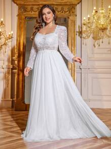 Suknia ślubna UNITHORSE Plus Size z kołnierzykiem w serduszko, długim rękawem, haftowaną perłą, koronką, kontrastową siateczką, w kolorze białym, idealna na imprezę dla panny młodej - Biały - Zobacz 4