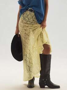 Women Sheer Lace Skirts Flower Elastic Waist See Through Summer Long Skirt Causal Streetwear - Yellow - View 4