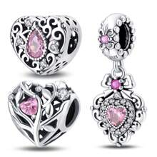 1pc 100% 925 Sterling Silver Sparkling Pink Heart Charms Bead Lotus Flower Pendant Charm Perfect For Bracelet Necklace Diy Jewelry Making Birthday Gift For Women - Multicolor - View 1