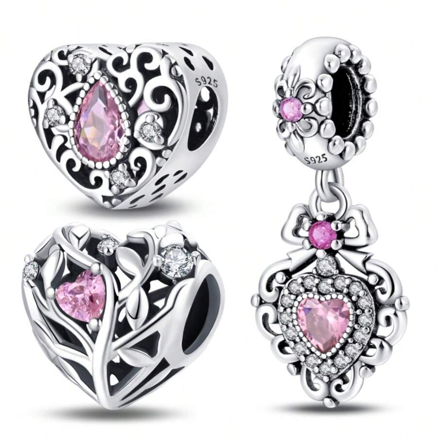 1pc 100% 925 Sterling Silver Sparkling Pink Heart Charms Bead Lotus Flower Pendant Charm Perfect For Bracelet Necklace Diy Jewelry Making Birthday Gift For Women - Multicolor - View 1