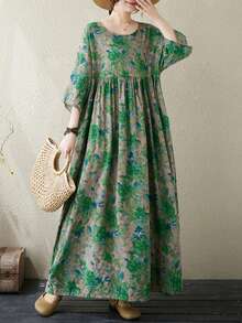 AZAH 2026新款加大码女式绿色碎花A字连衣裙，半袖蝙蝠袖V领带口袋，梭织面料，优雅度假风 - 綠色 - 查看 5