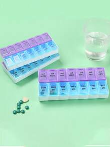 1 pieza/2 filas 14 compartimientos Caja de pastillas azul y morada, portátil y conveniente tamaño de viaje gran capacidad a prueba de humedad sellada, buena identificación organizador de pastillas/cápsulas de mañana y noche con braille, caja de almacenamiento semanal de 7 días de medicación con compartimientos AM/PM
