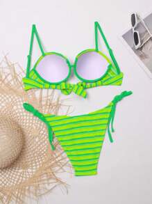 2 Stücke sexy gestreiftes Bikini-Set mit Stoffträgern, Damenbadeanzug für Strand oder Pool