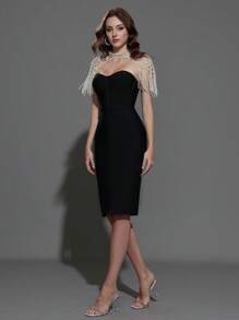 Modphy Black Bandage Bodycon Dress With Faux Pearl Beaded Shawl, Fashion Evening Gown For Parties And Festivals, Party Dress, Wedding Guest Dress, Prom Dress - Black - View 7