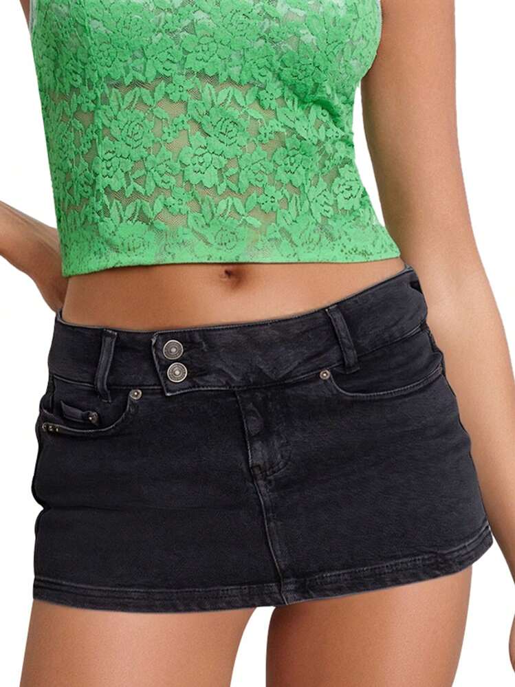 Women's Denim Mini Skirt Solid Zipper Button Design Low Rise Short Jean Skirt For Summer - 黑色 - 查看 9
