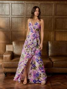Elegant Floral Chiffon Cami Party Gown With Side Slit – Radiant Charm For Red Carpet Events, Weddings, Art Gallery Openings, Luxury Parties, And Black-Tie Dinners, Party Dress, Wedding Guest Dress, Formal Dress, Evening Dress - Pink - View 6