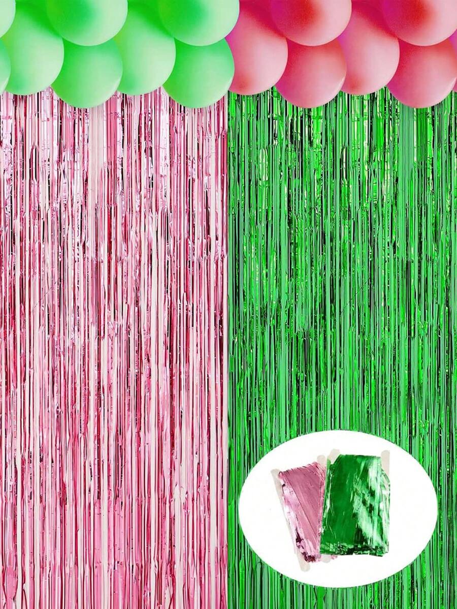 2 件/套 3.28 X 6.56 英尺粉色和绿色飘带背景派对装饰女巫派对装饰金属金属丝箔流苏窗帘背景窗帘飘带适用于邪恶生日派对装饰