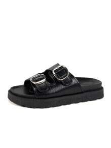 Wide Fit Women Metal Buckle Decor Platform Slide Sandals - Black - View 8
