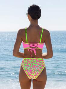 popvil Summer Bandeau Shell Trim Leopard Beach Vacation Pool Bikini Set