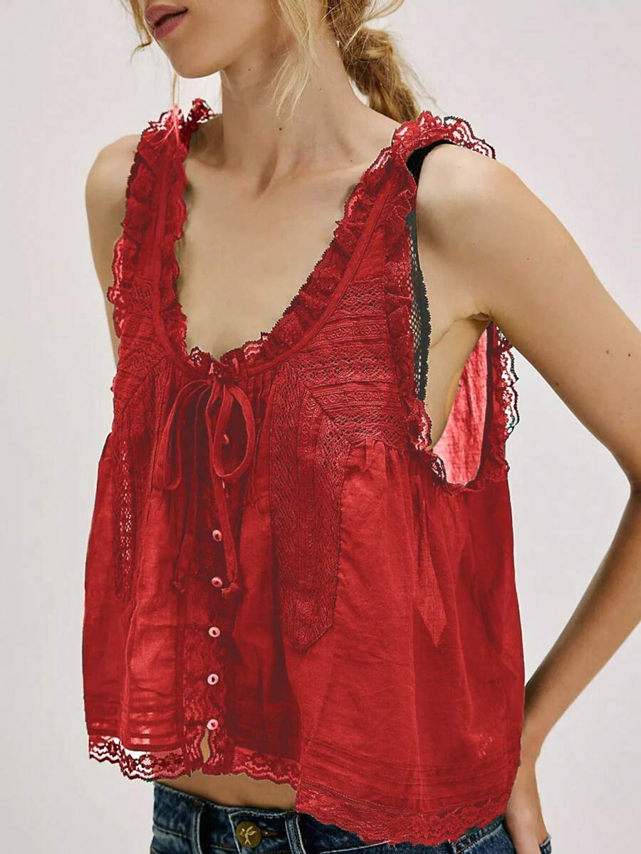 Women Lace Trim Vest Tank Tops Y2K Fairy Sleeveless Tie Button Front Sheer Mesh Crop Tops Summer Going Out Tops Cute Loose Fit Cami Shirt Aesthetic Clothes - 紅色 - 查看 1