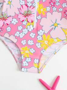 Girls Flower Print Long Sleeve One-Piece Swimsuit - Baby Pink - View 5