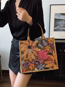 1pc Multicolor Sequin Mesh Patchwork Tote Bag, Fashionable Floral & Leaf Embroidered Linen Handbag For Women, Large Capacity Square Casual Beach Vacation Shopping Bag (Floral Pattern Randomly Distributed), Beach Essentials, Summer Women Bag,Perfect For Travel, Holiday & Beach, Sparkling Sequin Bags Ladies Elegant - Orange - View 6