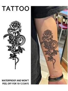 1Pc Rose Snake Temporary Tattoos Semi Permanent Tattoo Waterproof Sweatproof Last For 1-2 Weeks Realistic Herbal Juice Anti-Friction Non-Reflective Faux Black Fake Tattoos For Woman And Men Tattoo Stickers For Arm, Chest, Leg, Abdomen, Waist, Finger, Neck Modernist Body Art