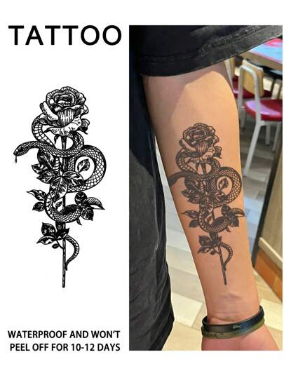 1Pc Rose Snake Temporary Tattoos Semi Permanent Tattoo Waterproof Sweatproof Last For 1-2 Weeks Realistic Herbal Juice Anti-Friction Non-Reflective Faux Black Fake Tattoos For Woman And Men Tattoo Stickers For Arm, Chest, Leg, Abdomen, Waist, Finger, Neck Modernist Body Art