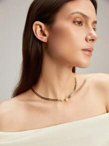 One Piece Fashionable Herringbone Sequin Imitation Faux Pearl Chain Ladies Simple And Versatile Clavicle Necklace Winter Gifts - Gold - View 3