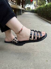 Damen Sommer Hausschuhe, Damen flache Riemensandalen, geeignet zum Tragen zu Kleidern, für Outdoor, am Strand, zu Hause, Schwarz rutschfest, Braun bequem, Gold und Silber Gladiator Sandalen