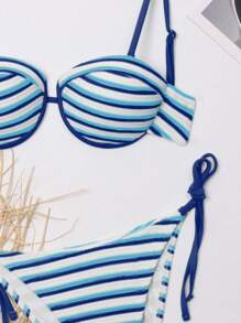 2 Stücke gestreifter Stoff sexy Schnürung Bikini Set, Damenbadeanzug für Strand und Pool