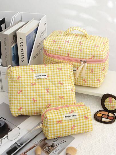 1pc Yellow Plaid Bow Makeup Bag, Cute Floral Pattern, Fashion Casual Travel Cosmetic Bag, Multifunctional Handheld Toiletry Bag. Large Zipper Opening Design, Suitable For Storing Cosmetics, Lipstick, Jewelry, Tissues, Sanitary Napkins, Etc. Also An Ideal Gift For Women, Girls, Travelers, Birthday, Dorm And Female Make Up Bag