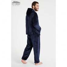 City Comfort Pyjama Set Warm Fleece With Fluffy Hoodie - Navy Blue - View 7