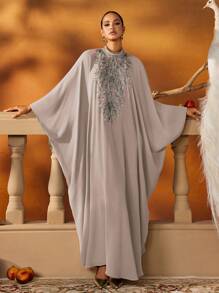 AmazingHoney 奢华绿色串珠刺绣长款卡夫坦长袍，优雅蝙蝠袖，端庄阿拉伯风格女式连衣裙（宽松版型 - 请查看尺码表）春季 - 卡其 - 查看 9
