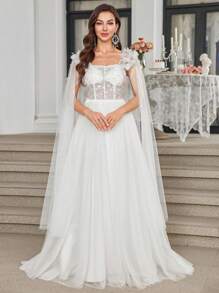 UNITHORSE Off Shoulder Dropped Sleeve Floral Decor Waist Cinch Extra Long Elegant Dress, Wedding Dress,Bride, All White Party Outfit Women - White - View 3