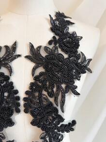 3D Black Mesh Flower Patch, Paired With Black Sequins And Beads - Sewn - Charming DIY Decoration (1 Pair) - Black - View 4