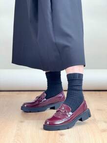 Kleine Lederschuhe im britischen Stil, Slipper mit dicker Sohle für Damen, dicker Absatz, erhöhte Halbschuhe, Mary Jane-Schuhe - Wein - Übersicht 5