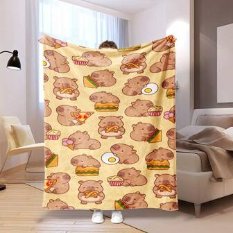 1 件可爱水豚卡通食物图案法兰绒毯 - 超柔软、舒适、四季皆宜，带数码印花 - 非常适合客厅、卧室、露营和旅行 - 易于护理、100.0% 涤纶、舒适旅行毯|卡通设计毯|柔软法兰绒材料